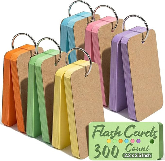 Koogel 300PCS Flash Cards with Key Ring, Colored Index Cards for School, 2.2 x 3.5 Inch, Small Portable Notecard for Studying Nursing Classroom Office Home Note Taking To Do List Essentials, 6 Colors