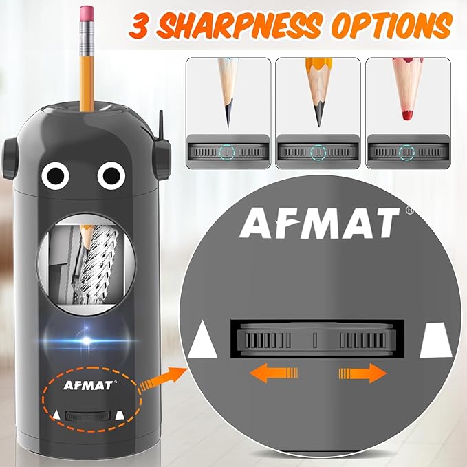AFMAT Electric Pencil Sharpener for Colored Pencils 7-11.5mm, Fully Automatic Robot Pencil Sharpener, Auto in & Out, Rechargeable Hands-Free for Classroom/Home/Office, Battery Operated, PSX5RB, Gray