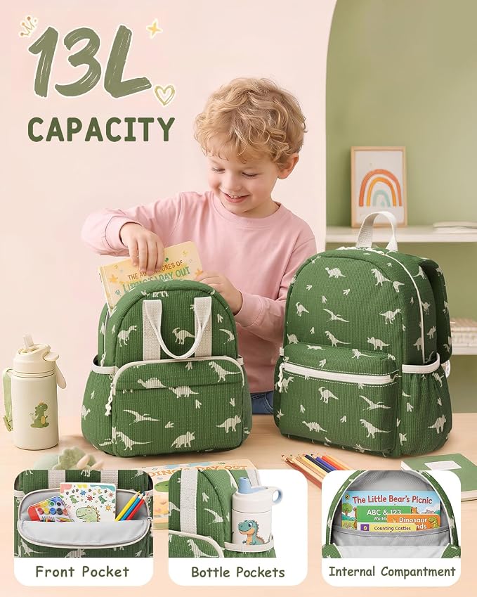 Corduroy Kids Backpack for Boys Girls Ages 5-8 | 15 Inch Water-Resistant Lightweight School Bookbag for kindergarten and Elementary, 1st-3rd grade(Large,Green Dinosaur)