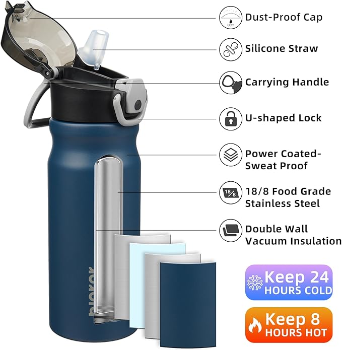BJPKPK Insulated Water Bottle 18oz Stainless Steel Water Bottles with Straw and Carry Handle Double Wall Metal Thermal Flask,Navy Blue