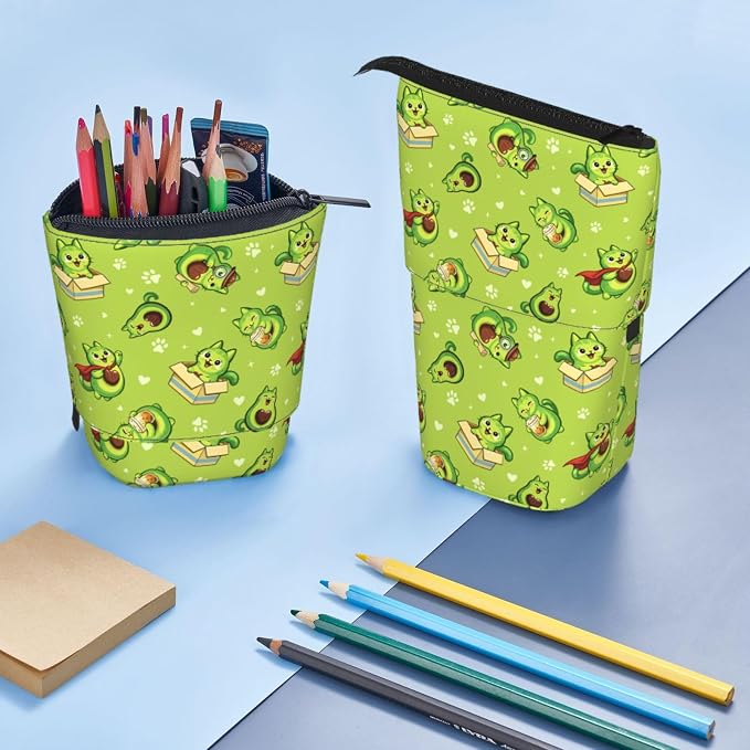 Green Avocado Cat Kids Standing Pencil Case Girls Boys Telescopic Stationary Pouch with Zipper Large Capacity Stand up Pen Bag Portable Makeup Holder for Children School Students Office Supplies