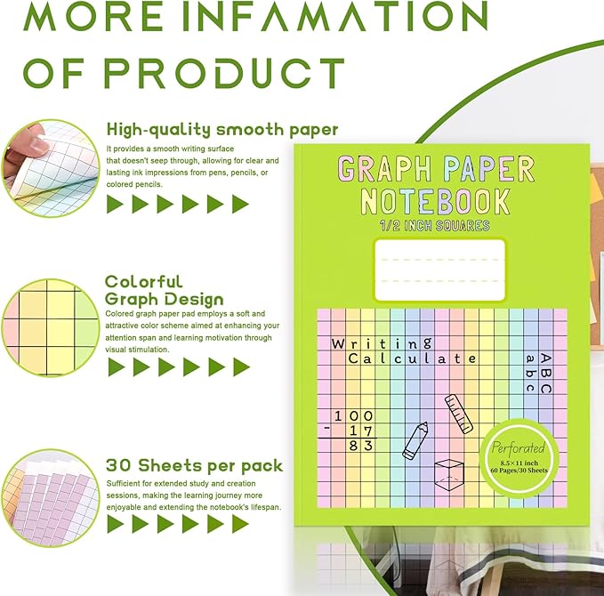 3 Pack 8.5×11 Colored Graph Paper Pad Math Graph Notebook Grid Paper 1/2 Inch Squares Large Quad Ruled Grid Composition Book Double Sided Graph Paper Colored Grid Notebook For Kids School Supplies