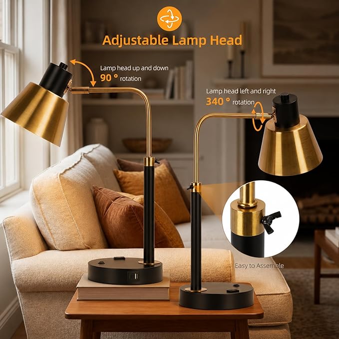 Desk Lamp with Dual USB Charging Port, Heavy Duty Metal Table Lamp, 340 Degree Swivel Arms, Easy Assembly with Cord Guide, Reading Lamp for Home Office Bedroom, Black & Gold (Bulb Not Included)