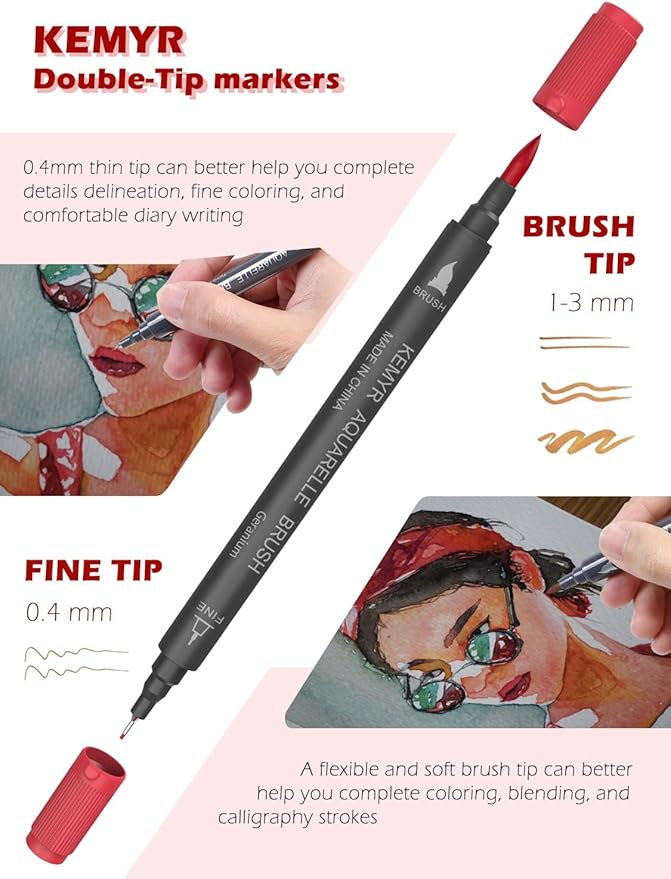 KEMYR Markers for Adult Coloring Books: 80 Color Dual Tip Fine & Brush Pens Water-Based Coloring Marker for Adults Drawing Sketching Bullet Journal Writing Lettering No bleeding