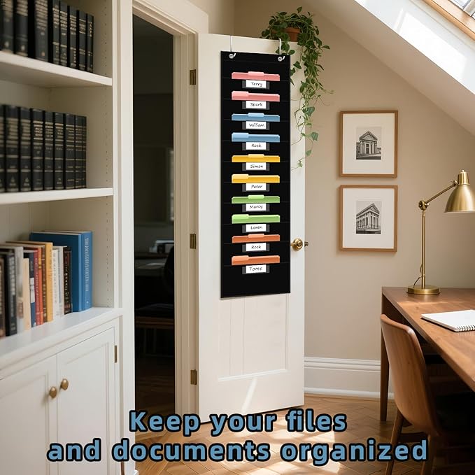 ANCOMEDO 10 Pocket Hanging Wall File Organizer with 10 Nametag Pockets, File Pocket Chart for Classroom and Office. Perfectly Stores Assignments, Files, Scrapbooks, and Documents.