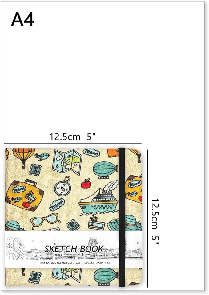 5" x 5" Hardcover Sketch Book,Small Mixed Media Sketch Pad,58 Sheets 150GSM Acid-Free Artist Drawing Paper,Travel Journal Blank Notebook for Adults Painting,Illustration,Art Supplies.Travel