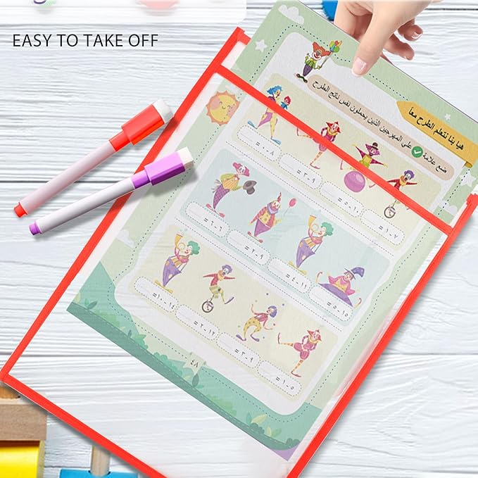 Ufamrine 6 Pcs Dry Erase Pockets Sleeves Colorful, Job Ticket Holders (10" * 13"), Reusable Plastic Sleeves for Teacher Classroom
