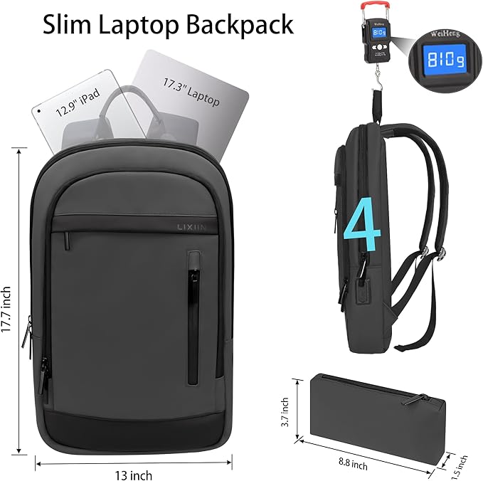 Business Backpack for Men Lightweight Commute Laptop Backpack Anti-Theft Water Resistant Backpack for 17.3 Inch Computer for Daily Office Work with Small Bag (Grey, 17.3")
