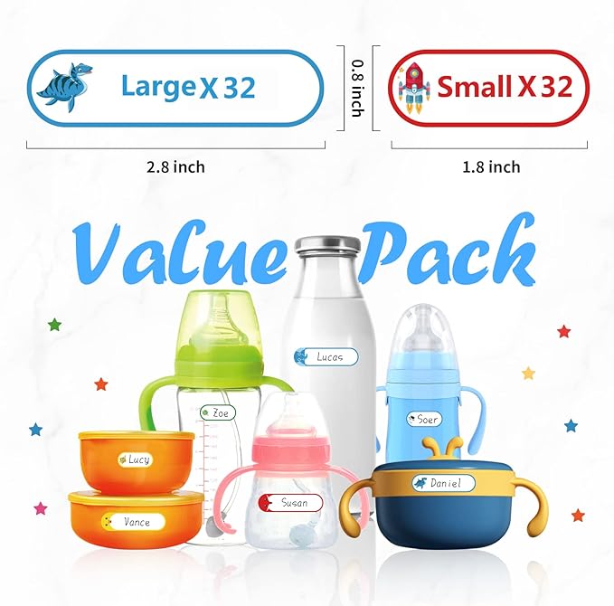 Baby Bottle Labels for Daycare,64Pcs Waterproof School Name Labels for Kids,Daycare Name Tag Label Supplies