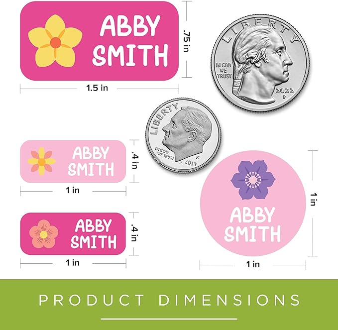 Personalized Daycare Name Labels for Kids, (130 Pack) Waterproof Custom Name Stickers for Clothing Tags, Lunch Boxes and School Supplies, Made in USA by MSC -Flowers