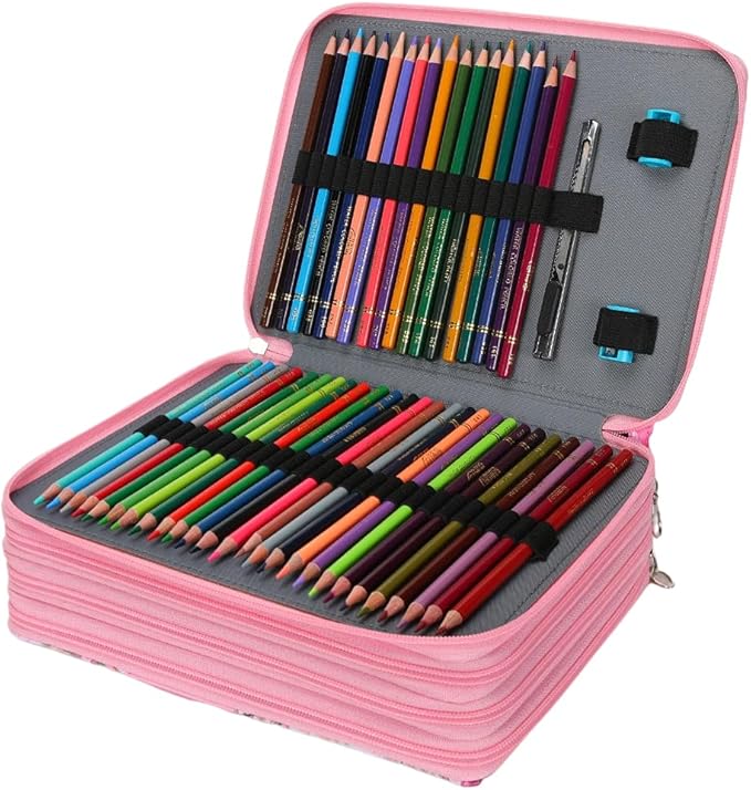 Vomgomfom 200 Slots Pencil Bag, 4-Layer Zipper Portable Art Supply Organizer, PU Leather Large Capacity Colored Pencil Case with Handle for 200 Watercolor Pens, Gel Pens (Pink Rose)