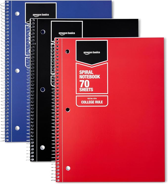 Amazon Basics College Ruled Spiral Notebooks, 70 Sheets, 8" x 10.5", Perforated Pages, Assorted Primary Solid Colors, 3-Pack