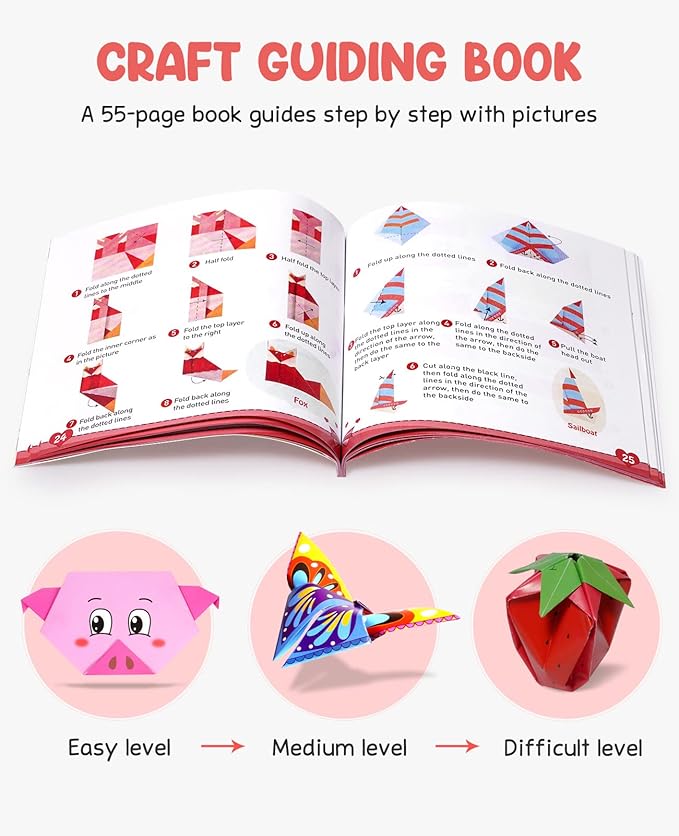 Gamenote Colorful Origami Kit for Kid 54 Projects 120 Double Sided Origami Paper 12 Sheets Practice Papers Instructional Origami Book Origami Gift for 4+ Kids Adult Beginner Training Craft, Daily Life
