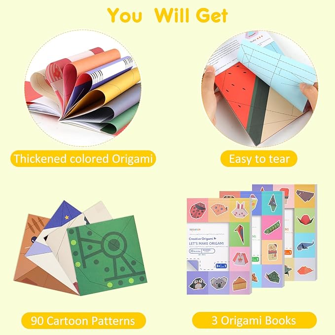 Origami Paper Kit for Kids Ages 5-8 8-12 Easy-Fold Set with Guide Book ,90 Patterns for Beginners Paper Craft Supplies,Ideal for Classroom Art, Birthday Holiday Children’s Day DIY Gifts for Kids