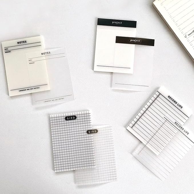 200 Sheets, 4 Pads Clear Transparent Sticky Notes 3.7"x 2.7", Lined, Gird, Record Lifes, Projects, Waterproof, Self-Stick Post Notes, Easy to Post for Office, Home, Notebook, Meeting