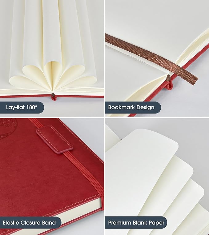 Biuwory Blank Journal Notebook for Women Men, Hardcover Leather Sketchbook 5.7"×8.3", 140 Pages Unlined Sketch book for Drawing, Writing, Travel, School & Work,Journaling Notebooks(Winered)