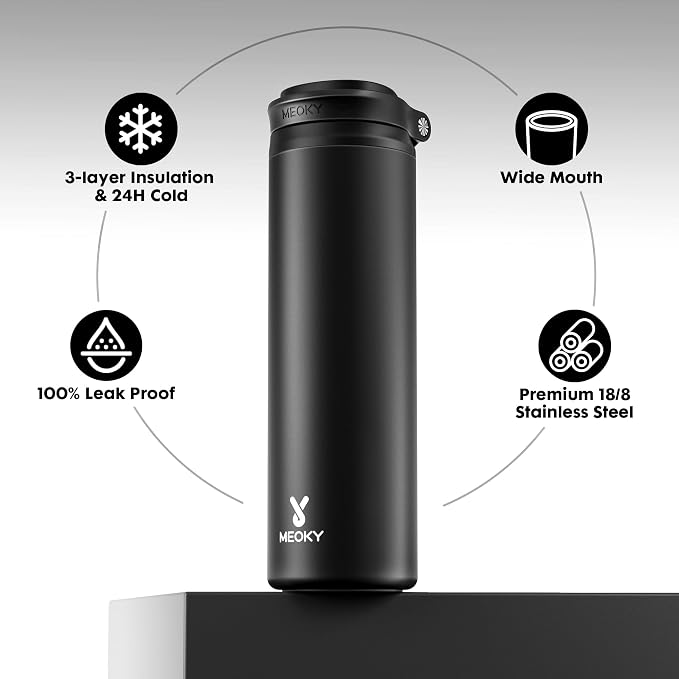 Meoky 24 oz Insulated Water Bottle: Flip-to-Pop Straw, Leak Proof, 24H Cold, Fits in Car Cup Holder, Wide Mouth, BPA-Free, Stainless Steel Water Bottle for Men Travel Sports School, Night