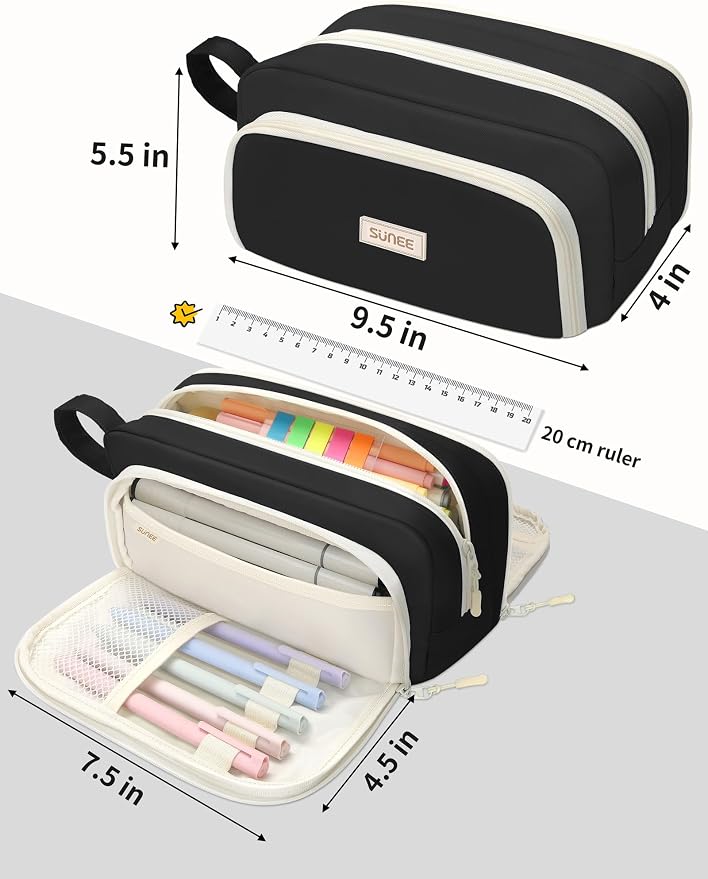 SUNEE Cute Pencil Case, Aesthetic Pen Pouch with 3 Compartments, Kawaii Colored Large Pencil Bag with Zipper, Stationery Storage and Organizer, Black School Supplies for Teen and Adult Girls