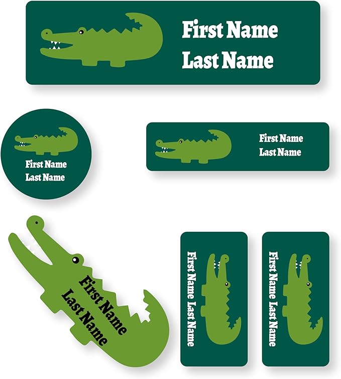 Personalized Kids Name Labels – Waterproof Custom Stickers for Daycare & School, Dishwasher & Laundry Safe (Crocodile - Deep Green)