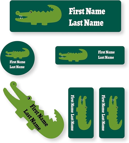 Personalized Kids Name Labels – Waterproof Custom Stickers for Daycare & School, Dishwasher & Laundry Safe (Crocodile - Deep Green)