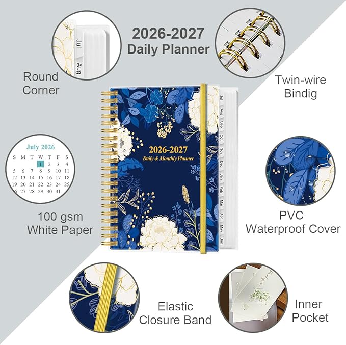 2026-2027 Daily & Monthly Planner - One Page Per Day, Daily Planner 26-27 from July 2026 to June 2027, Planner 2026-2027 with 12 Monthly Tabs, 6.4" x 8.5", Blue Leaf