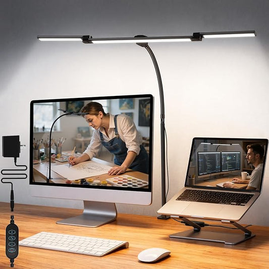 LED Desk Lamp for Office Home, 3 Light Bar Adjustable Desk Light with Clamp, Architect Table Lamp Computer Monitor Lighting, Stepless Dimming Eye-Caring Clip on Light for Workbench Reading Study Black