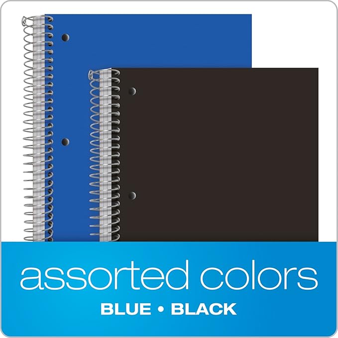Oxford Spiral Notebooks, 3-Subject, College Ruled Paper, Durable Plastic Cover, 150 Sheets, 3 Durable Divider Pockets, 2 Pack, Blue and Black (10386)