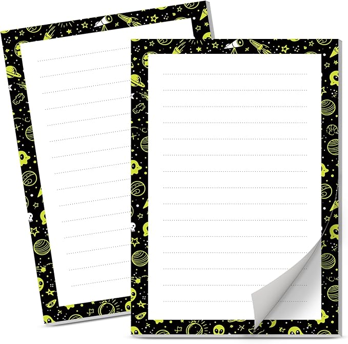 Lined Sticky Notes 4x6 in, 2 Pack Large Cute Notepads with Lines Self-Stick Note Pad, Funny Memo Pads Strong Adhesive for Office, Home Black Green Aliens