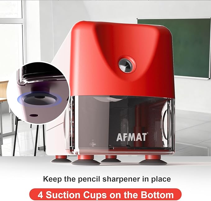 AFMAT Electric Pencil Sharpener, Cordless & Rechargeable, Heavy Duty Classroom Pencil Sharpeners for 6-11mm Pencils, Auto Stop, 2s Fast Sharpening, Battery Powered, 10,000 Sharpenings, Red, PSD3