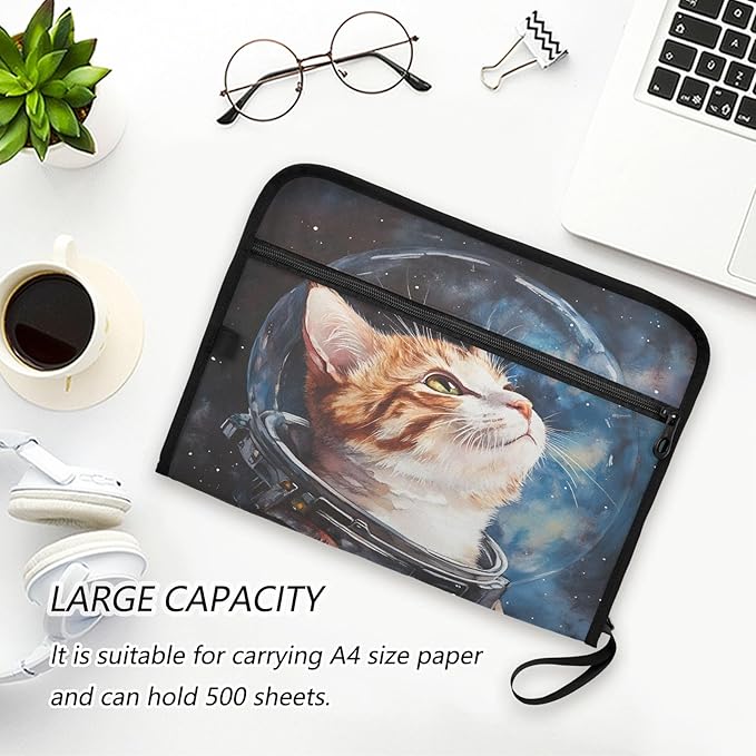 Cat Astronaut Watercolor 13 Pocket File Organizer Expanding File Folder with Front Pouch Portable Business File Storage Document Organizer Folder with Zipper