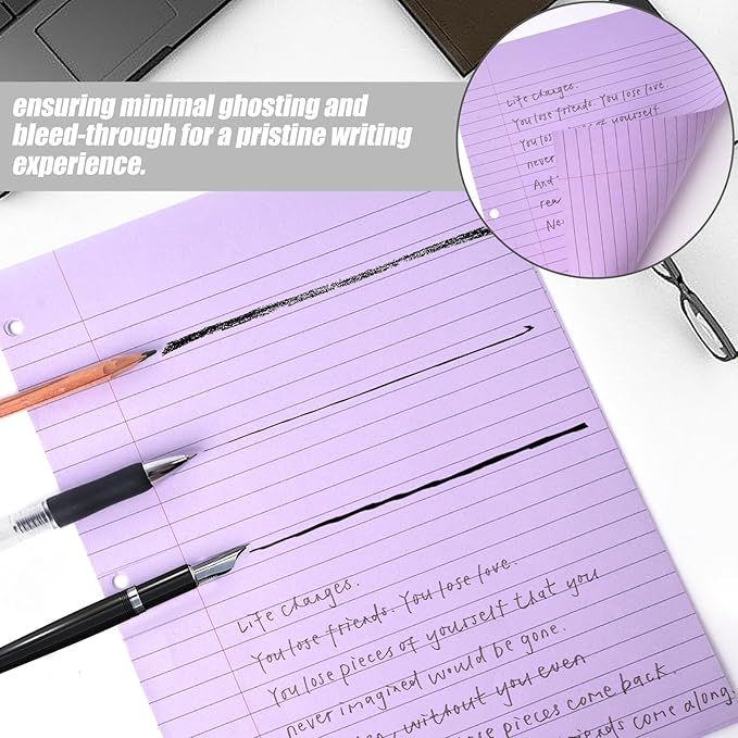 HIBOX Purple Loose Leaf Paper, 100 Sheets 8"x10.5" Colored Notebook Paper, 3-Hole Punched for 3-Ring Binders Notebook, School & College, Fights Ink Bleed, Office Planners