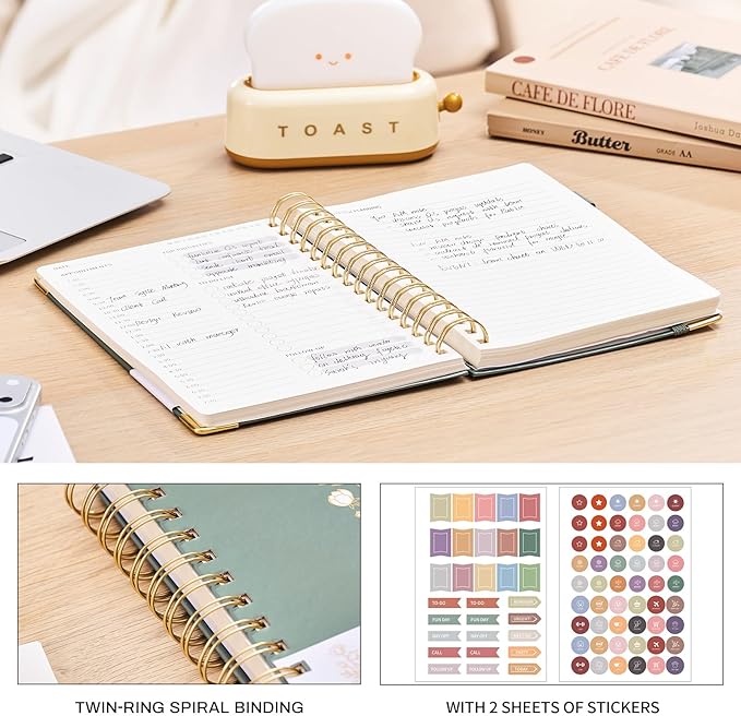 Ovesmusl Undated Daily Planner - 126 Days Hourly Schedule & To Do List - A5 Hardcover Spiral Notebook planner with stickers, Metal Corner Protectors & Back Pocket for Work & School, Bouquet