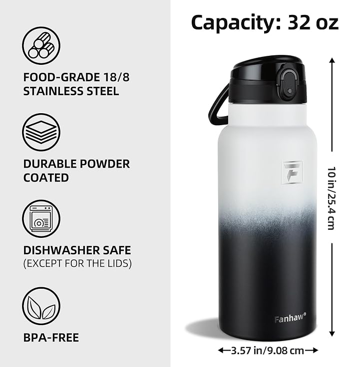 Fanhaw 32 Oz Insulated Stainless Steel Water Bottle with Chug Lid – Wide Mouth, Leak-Proof, BPA-Free – Ideal for Kids, Adults, Sports, Gym, and Outdoor Use (White Black)