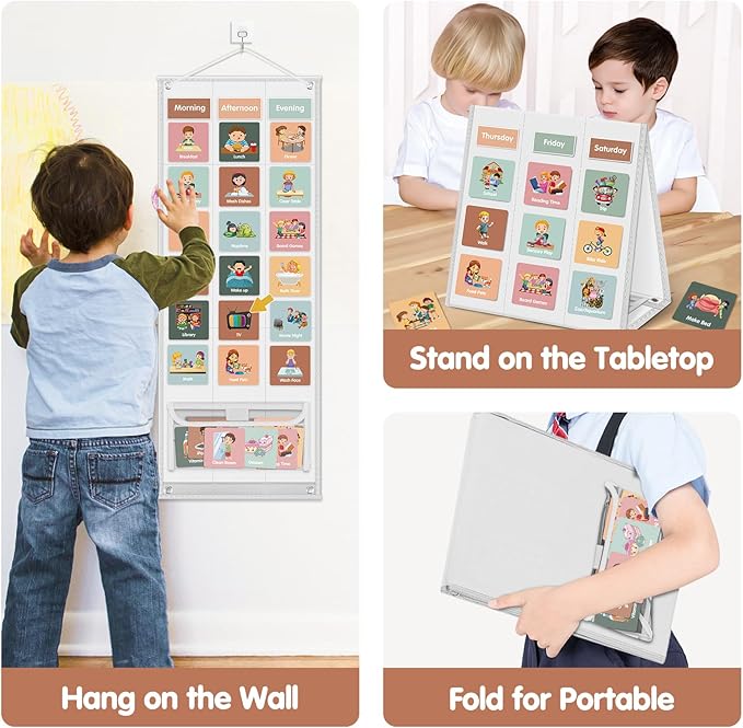 Large Visual Schedule for Kids Chore Reward Chart,Bedtime Routine Chart for Toddlers,Double Side Schedule Board with 109 Cards for Home School Planner,Autism Learning Materials (White)
