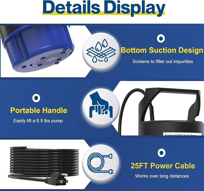 AgiiMan 3500GPH Pool Cover Pump, 1HP Submersible Sump Pump, Blue | 25FT Power Cord, 17FT Lift, IPX8 Thermoplastic Housing, Thermal Protection, Low Suction for Pools, Basements and Ponds