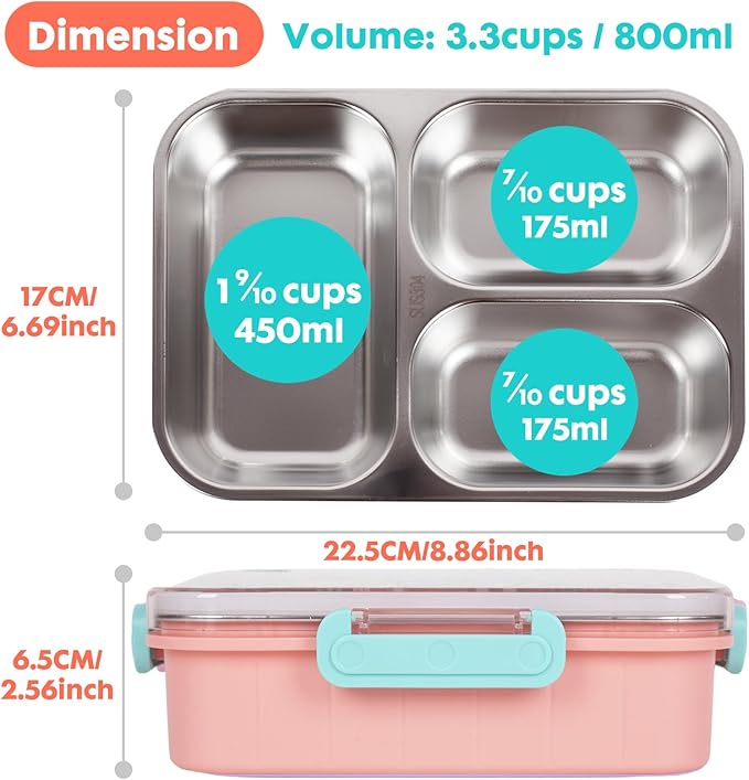 Stainless Steel Bento Lunch Box for Kids, 800ml/27oz BPA-Free Leak-Proof Food Containers with 3 Compartments, Freezer & Dishwasher Safe, Back to School Students Lunches Size for Ages 3-7