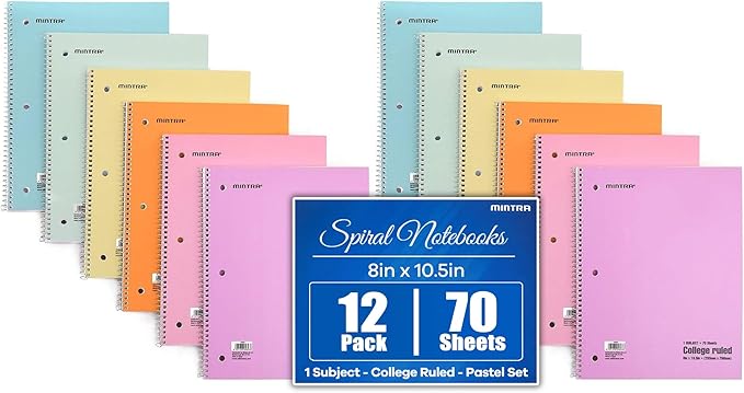 Mintra Office Spiral Notebooks, Wirebound, Journals for School, Work, Business, Aesthetic Stationery, Writing Pads, Teacher & Student Supplies (12, Pastel, College)