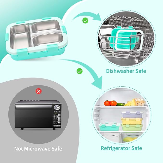Kids Stainless Steel Bento Box, 3 Compartments Leakproof Lunch Box, Portable Food Storage Containers with Silicone Lids BPA-Free for Office, Picnics, Travel, Blue