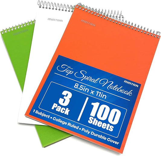 Mintra Office TOP BOUND Durable Spiral Notebooks (Green, White, Orange, College Ruled 3pk)