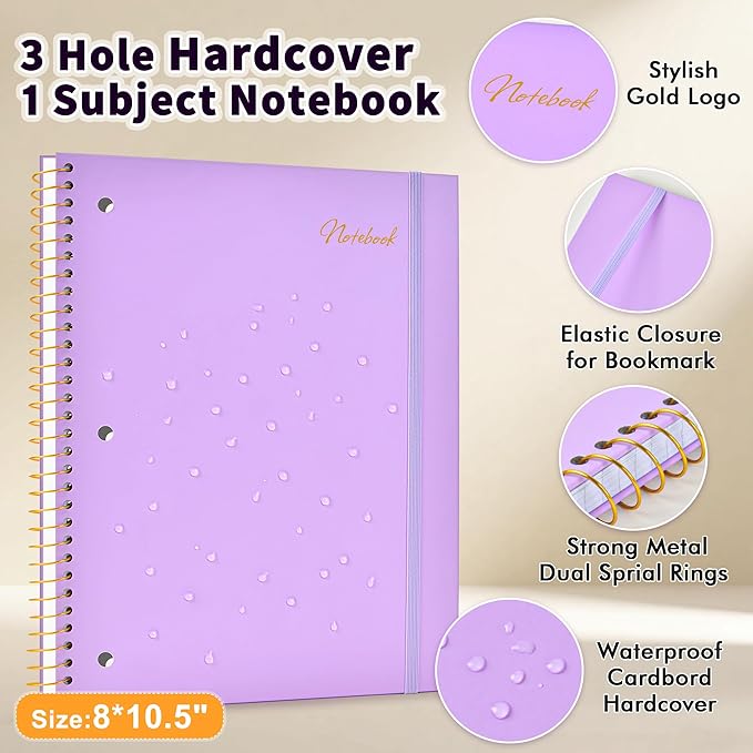 MUAHLIUB Graph Paper Notebook,1 Subject 80GSM Thick Grid Paper Notebook 8" x 10-1/2",Hardcover Spiral Notebooks for School Work Women Men, Graphing Notebook Journal for Writing,3-Hole Punched Purple