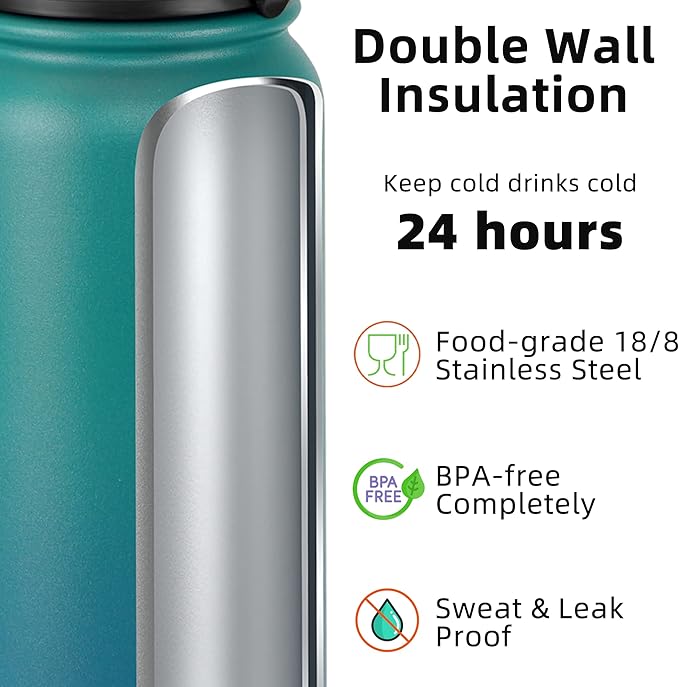 Fanhaw 40 Oz Insulated Stainless Steel Water Bottle with Straw Lid, Leakproof Extra-Large Sports Bottle for Men & Women (Green Blue)