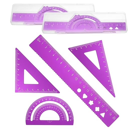 PATIKIL 8 Pcs Geometry Drafting Tool, Aluminum Alloy Geometry Kit Math Tool Includes 20cm L Ruler Protractor Triangles for Drafting Angle Measure Simple Science Experiment, Purple