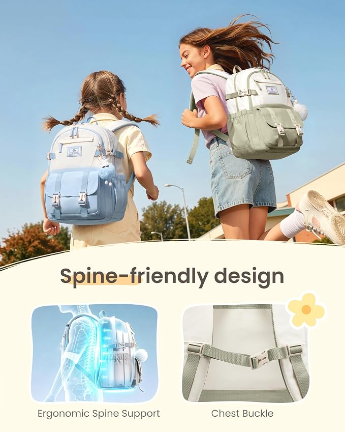 LOVEVOOK School Backpack for Teen Girls, Bookbag for 8-16 Student, Middle High College Back to School Cute Kids Backpack, 15.6 Inch, Sky blue-beige