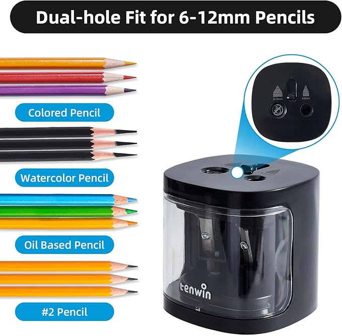 tenwin Electric Pencil Sharpener, Dual Hole Pencil Sharpeners Battery Powered, Small&Portable, Fit for 6-12mm No.2/Colored Pencils, Kids, School/Home (Black)
