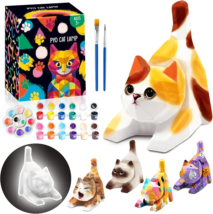 FUNZBO 4.3in Paint Your Own Cat Lamp Kit - Arts and Crafts Supplies Painting for Kids Teens, DIY Night Light Toy for Girls Boys Age 3 4 5 6 7 8 9 10 11 12 13 Birthday Gifts