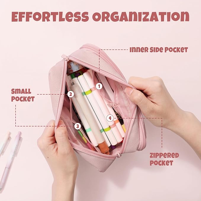 SUNEE Pencil Case, Large Capacity Pencil Pouch, Aesthetic Big Pen Bag 900D Oxford Pen Box for Office Stationery Organizer School Supplies Multifunctional for Teen Boys Girls Women Men, Pink