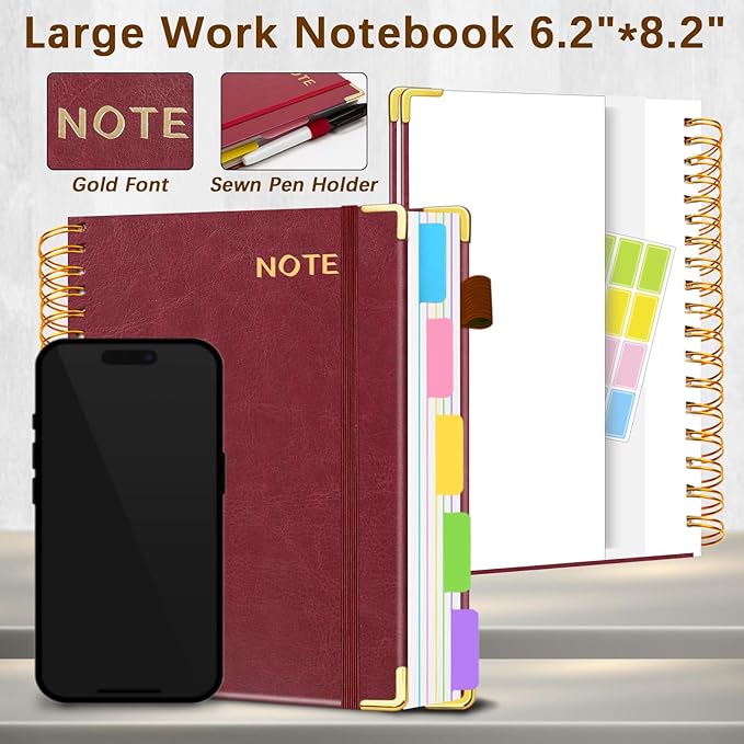 Hardcover Spiral Notebooks for Work 6.2"x 8.2", 300 Pages 5 Subject Notebook with Dividers & Tabs, A5 Spiral Journal for Women, College Ruled Notebook for School Note-Taking (Wine Red)
