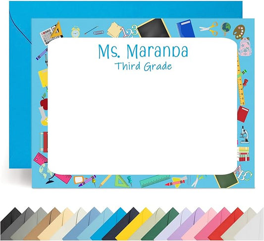 Personalized Stationery Teacher Note Cards with Envelopes – Custom Minimalist Thank You Cards, 12 Flat Note Cards & Colored Envelopes – Crush-Resistant Gift Packaging (Cluttered Desk)