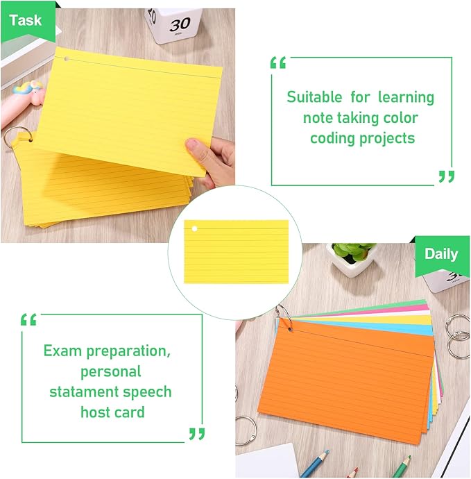 Leelosp 300 Pcs Colored Ruled Index Cards with 6 Rings 180 Gsm Thick Neon Color Study Flash Cards Single Hole Punched Lined Flashcards Studying Notecards One Side for Study(5 x 8 in,Fresh Color)