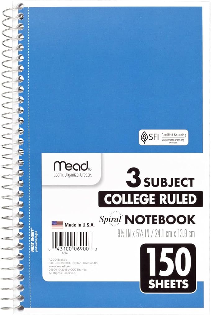 Mead Small Spiral Notebook, 3-Subject, College Ruled Paper, 9-1/2" x 5-1/2", 150 Sheets per Notebook, Color Will Vary, 1 Count (06900)